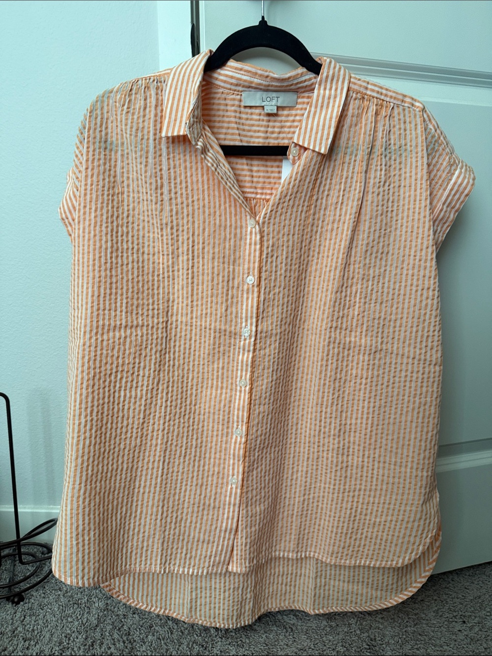 LOFT Peach-Striped Cap-Sleeve Button-Down Blouse